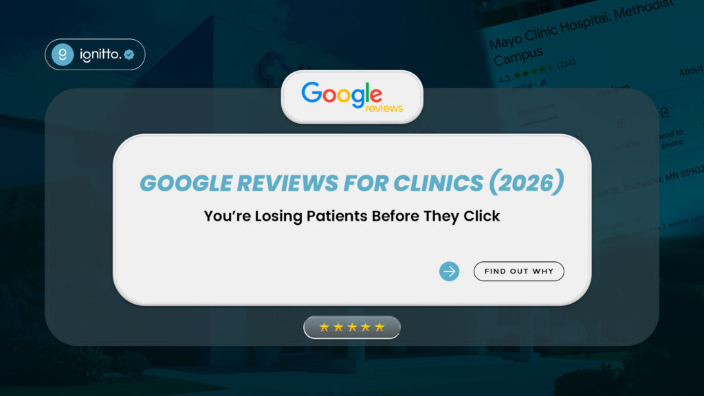 Promotional banner for “Google Reviews for Clinics (2026)” stating “You’re Losing Patients Before They Click,” with a call-to-action button “Find Out Why,” Google Reviews branding, and a 5-star rating graphic over a blurred clinic background.