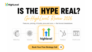 Promotional graphic for HighLevel featuring the headline “IS THE HYPE REAL?” with “HYPE” highlighted in gold. Below, in a handwritten-style font, it reads “GoHighLevel Review 2026”, followed by the subtitle: “Features, pricing, AI tools, pros and cons — the honest breakdown.” Centered is the HighLevel logo inside a gold-outlined square, connected by a dotted line to faded logos for Mailchimp, Calendly, HubSpot, and ClickFunnels, suggesting an all-in-one platform. At the bottom is a large gold call-to-action button labeled “Book Your Free Strategy Call” with a right-pointing arrow. The design uses a white background with gold accents and bold black typography.