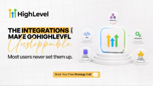 GoHighLevel integrations graphic featuring APIs, webhooks, automation, database connections, and custom integrations.