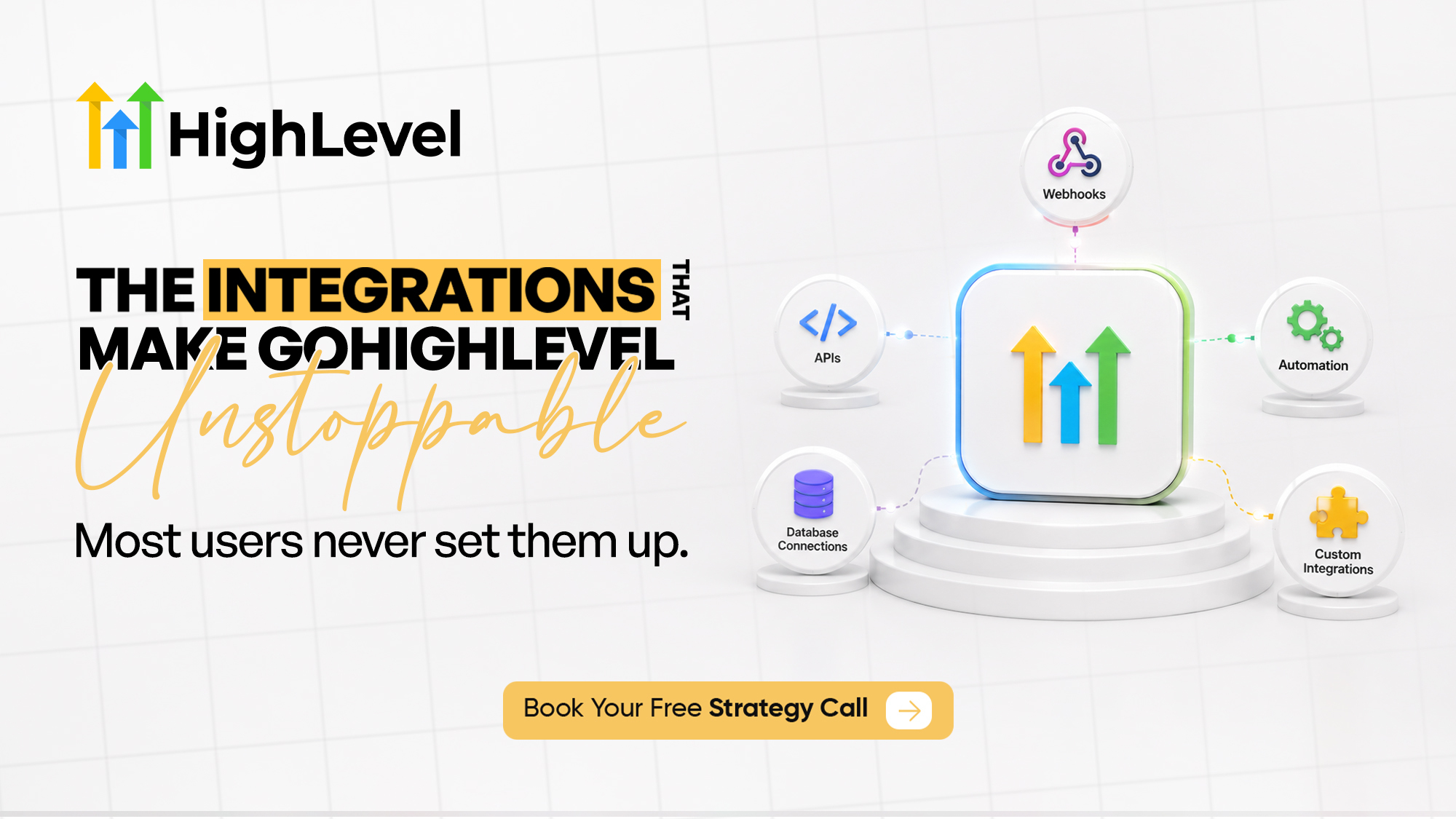 GoHighLevel integrations graphic featuring APIs, webhooks, automation, database connections, and custom integrations.