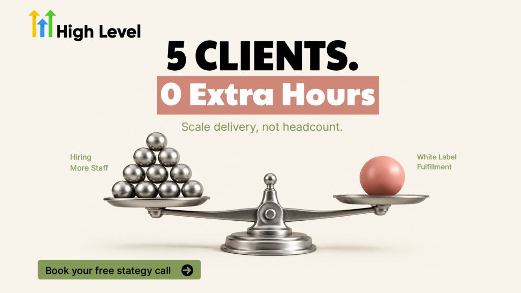 Promotional graphic for High Level featuring the headline “5 Clients. 0 Extra Hours” with the subheading “Scale delivery, not headcount.” A balanced scale compares a stack of metallic balls labeled “Hiring More Staff” on the left with a single large pink sphere labeled “White Label Fulfillment” on the right, illustrating that white-label fulfillment can match the output of a larger team. The High Level logo appears in the top left, and a green call-to-action button at the bottom reads “Book your free stategy call” (note: “strategy” is misspelled as “stategy”).