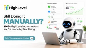 GoHighLevel automation workflow with a robot using a laptop, showing automated lead follow-up, performance metrics, and time saved.