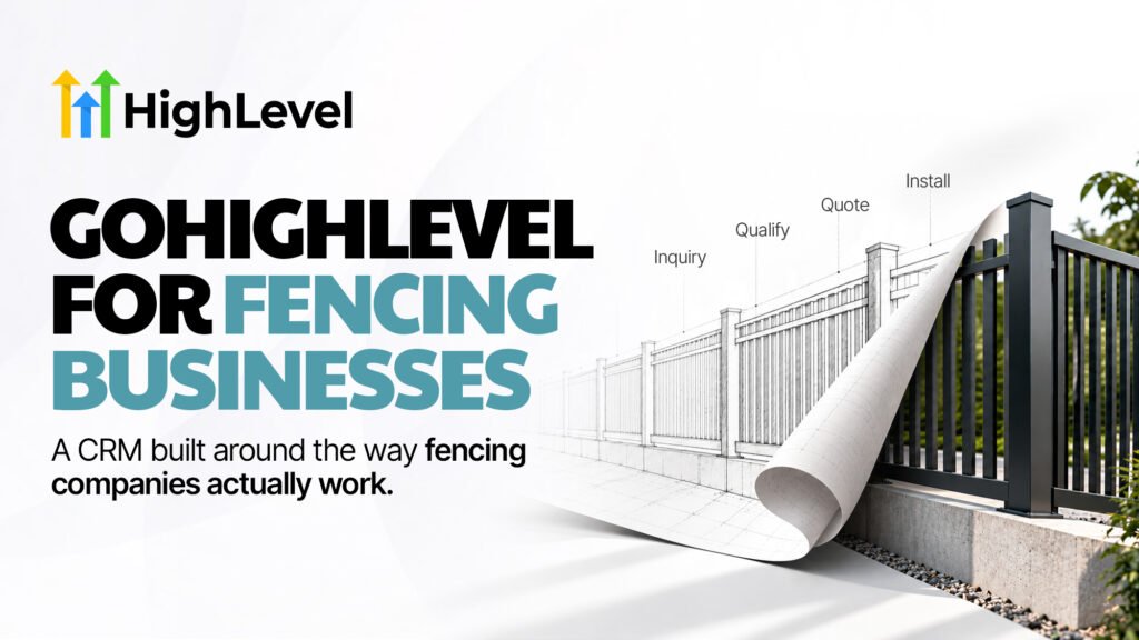 GoHighLevel CRM for fencing businesses showing a fence design transitioning from blueprint to finished installation, with a workflow from inquiry and qualification to quote and install.