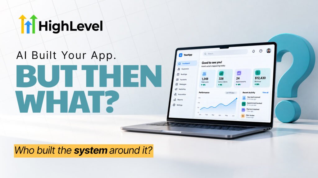 HighLevel AI app graphic featuring a laptop dashboard with the text “AI Built Your App. BUT THEN WHAT?” and “Who built the system around it
